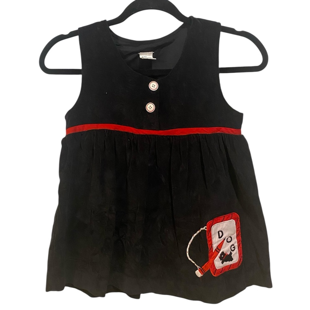 Vintage Black Micro Cord Pinafore style Dress w Embroidered Scotty Dog Patch